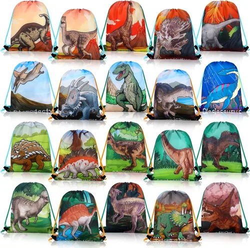 Weewooday 20 bolsas de recuerdo de fiesta de dinosaurios con cordón para regalo, bolsa de golosinas de dinosaurio, caramelos, suministros para