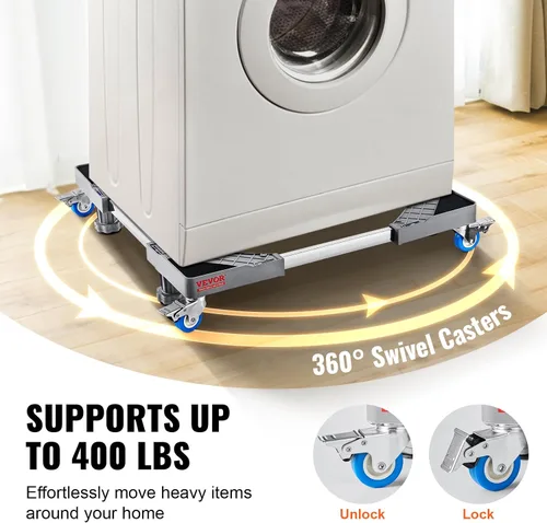 Vista 3 de VEVOR Mini soporte para nevera, base ajustable de 16 a 25 pulgadas para lavadora con 4 pies fuertes, 4 ruedas giratorias de bloqueo, base móvil