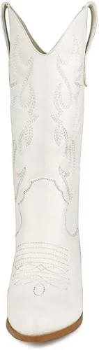 Vista 4 de Botas vaqueras modernas bordadas para mujer, botas de media pantorrilla, tacón grueso, retro, coloridas botas occidentales