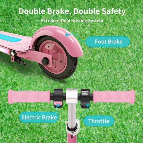 Vista 4 de Electric Scooter for Kids Ages 6+, Bluetooth Music Speaker, 150w Hub Motor, Up to 10 mph, 60 mins Ride Time, Led Display, Colorful Lights, 4 Height