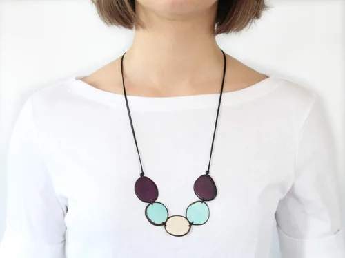 Vista 4 de Tagua Necklace Chips in Purple, Turquoise and White, Handmade Fairtrade, Adjustable Lightweight by Florama Natural Jewelry