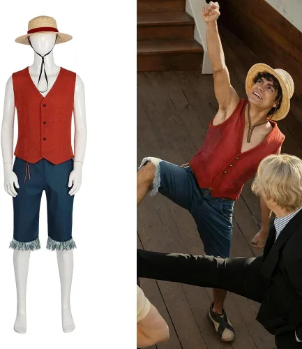 Vista 3 de Luffy - Disfraz de cosplay de Monkey D Luffy clásico con sombrero de paja, disfraz de anime para hombre de la película 2023 para Halloween