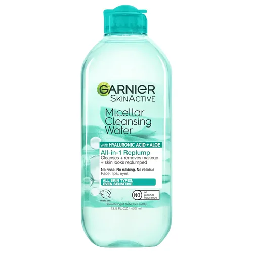Garnier Agua micelar con ácido hialurónico, limpiador facial y removedor de maquillaje, hidratante y relleno, para todo tipo de piel, vegano, libre