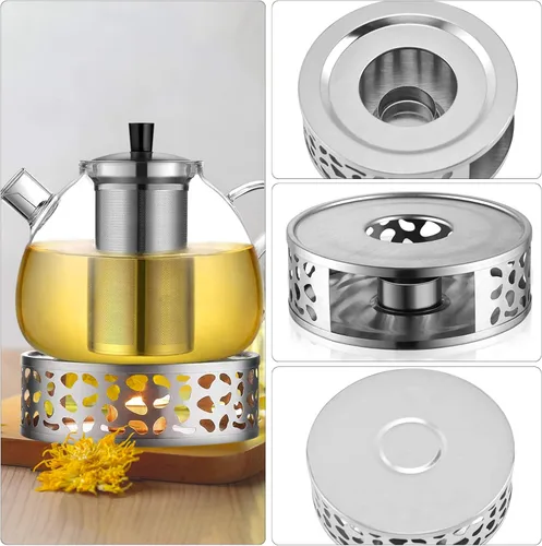 Vista 6 de Calentador de tetera con diseño de marco hueco, soporte para velas de acero inoxidable, base de calentador de café para tetera de vidrio y otros