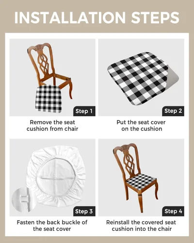 Vista 4 de Juego de 2 fundas para asiento de silla de comedor, diseño clásico a cuadros blancos y negros, decoración navideña, extraíble, elásticas, fundas