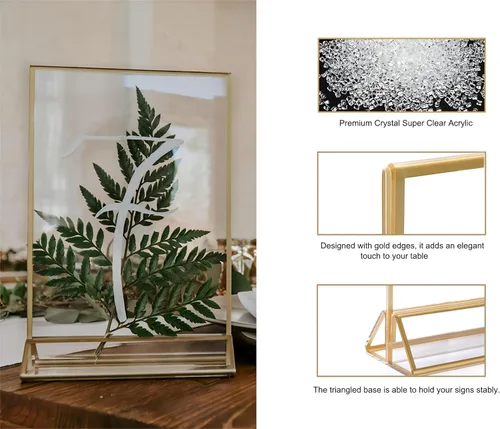 Vista 6 de Soporte acrílico para letreros de 5 x 7 pulgadas, marco acrílico dorado, soporte transparente para números de mesa de boda, marcos acrílicos