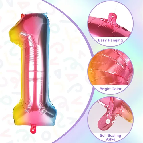 Vista 3 de RUBFAC Globos con números de 40 pulgadas, globo grande de arcoíris con degradado número 1, globos de helio de aluminio de Mylar de 0 a 9 dígitos