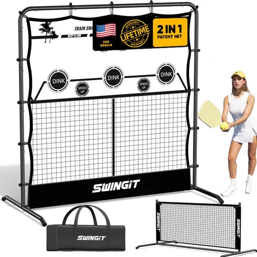 Portable Pickleball Training Net, 2in1 Solo Rebounder Net System for Dinks Volleys Tennis, USAPA Approved Accuracy Trainer Equipment with Carry Bag,