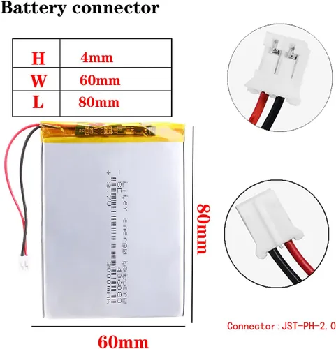 Vista 2 de Litro 3.7V 3000mAh 406080 Lipo batería recargable de iones de litio con conector JST 0.079 in