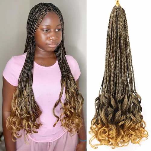 Vista 23 de Cabello de ganchillo con rizos franceses, trenzas de cabello de ganchillo con puntas rizadas, 14 pulgadas, preenlazadas, trenzas de caja tipo diosa