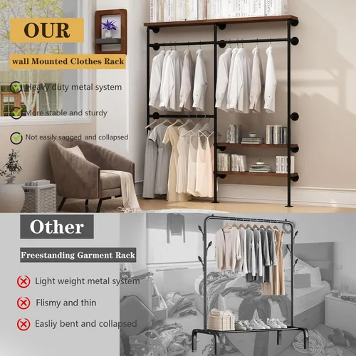 Vista 5 de HOMEKAYT Perchero Industrial de Tubería para Ropa, Perchero de Pared con Estantes, Estante Colgante de Ropa Multiusos de Servicio Pesado - 70.8''L