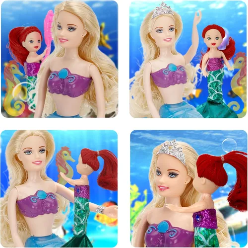 Vista 5 de Juego de muñeca de princesa sirena, cola de sirena que cambia de color por Reversing Squins, muñeca de vestir de cabello rubio de 12 pulgadas