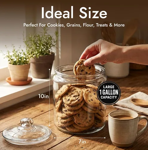 Vista 4 de Tarro de cristal para galletas de 1 galón con tapa, tarro de vidrio con tapa, recipiente hermético de almacenamiento de alimentos para galletas
