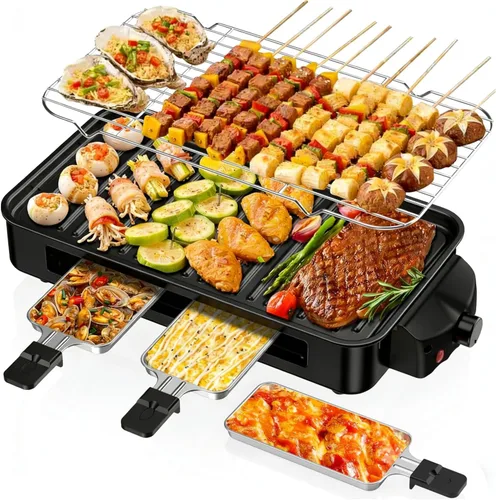 Parrilla Eléctrica para Interiores de 1700W, 2 en 1 Sin Humo para Cocina con Parrilla y Plancha Extraíbles Antiadherentes, Control de Temperatura,
