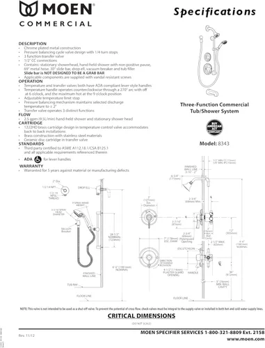 Vista 3 de Moen Cabezal de ducha PosiTemp comercial de dos manijas y cabezal de ducha de mano, cromado (8343)
