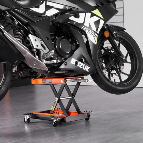 Vista 8 de VEVOR gato elevador de motocicleta, gato elevador de motocicleta ATV de 1100 LBS con carro y manivela, soporte de elevación central con plataforma