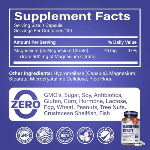 Vista 3 de Benevolent Premium Citrato de Magnesio 500 mg Cápsulas (Citrato de Magnesio) – Fórmula quelada y tamponada de alta absorción para la digestión