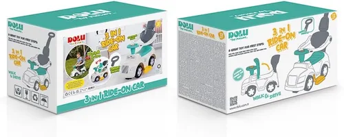 Vista 3 de DOLU: Ride-On Car: 3 en 1 Walk & Drive - Blanco, Verde, Amarillo - 3 Modos: Cochecito de paseo - Coche de empuje, manija para padres, bocina, bebé