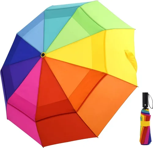 LEAGERA Paraguas arcoíris para adultos Smal Paraguas de viaje para lluvia y sol, pequeño, compacto, ligero, plegable y portátil, paraguas de arco