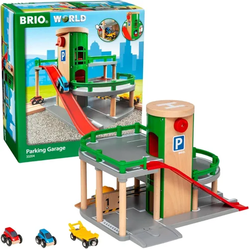 BRIO World Parking Garage – Garaje de juguete de madera de 7 piezas con 2 coches, 1 vagón transportador y pistas de rampa de madera – Funciona con