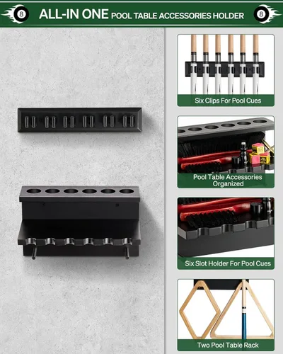 Vista 4 de EXTCCT Soporte para palos de piscina de montaje en pared, soporte para tacos de billar de madera dura, juego de tacos de piscina para 6 palos