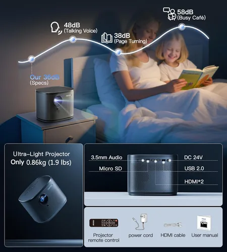 Vista 9 de Miroir Mini proyector, proyector HD para el hogar con altavoz incorporado, enfoque automático, corrección trapezoidal, portátil para películas al