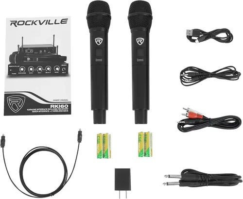 Vista 6 de Rockville RKI60 Micrófono inalámbrico UHF dual de 8 canales interfaz de karaoke + mezclador de micrófono, eco ajustable, múltiples entradas, fácil