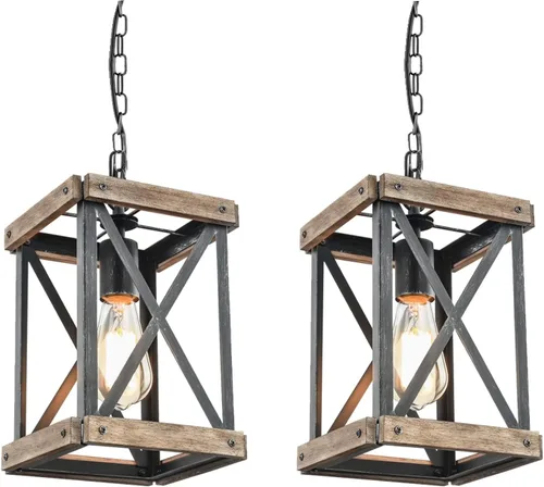Vista 12 de Lámpara colgante de granja, lámpara de araña ajustable de metal y madera, iluminación colgante rústica para isla de cocina, dormitorio, comedor