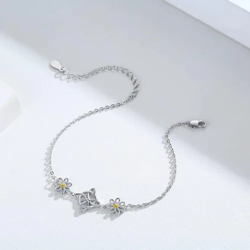Vista 3 de Midir&Etain Pulseras de protección de margaritas con nudo de brujas para mujer, pulsera celta, Nudo De Bruja Plata 925, pulsera original de buena