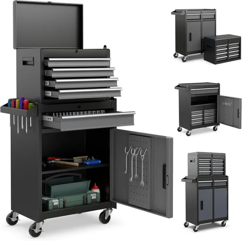 Vista 13 de IRONMAX Caja de herramientas con ruedas, armario de herramientas con cerradura de 5 cajones con estante ajustable y 4 ruedas universales, caja