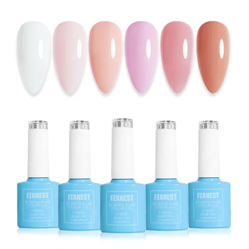 Vista 8 de FZANEST Juego de Base de Goma de Esmalte en Gel Nude Sin Hema, 6 Colores de Gel Constructor Rápido Autonivelante para Superposiciones de Uñas