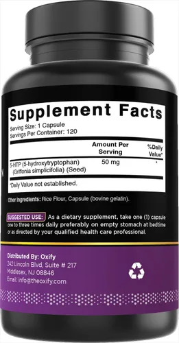 Vista 5 de Oxify 5-HTP 5-hidroxitriptófano 50 mg 120 cápsulas Sin gluten, sin OMG Suplemento fabricado en Estados Unidos