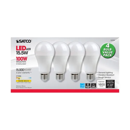 Vista 4 de Satco S28789 LED E26 15.5 vatios 100w A19 reemplazo LED - 4 bombillas