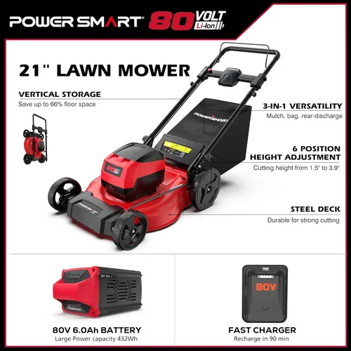 Vista 4 de PowerSmart Cortacésped inalámbrico de 80 V MAX de 21 pulgadas, cortacésped eléctrico 3 en 1 sin escobillas con batería de iones de litio de 6.0 Ah