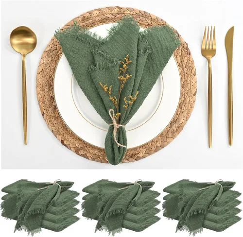 Vista 24 de Paquete de 12 servilletas de lino y algodón beige de 16 x 16 pulgadas, hechas a mano con flecos, servilletas de tela suave, lavables y rústicas