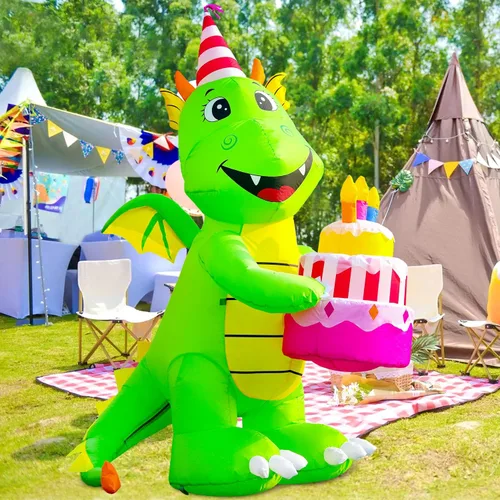 Vista 4 de DomKom Decoración inflable de 6 pies para decoración de pastel de dinosaurio de cumpleaños, luces LED integradas, para fiesta de feliz cumpleaños al