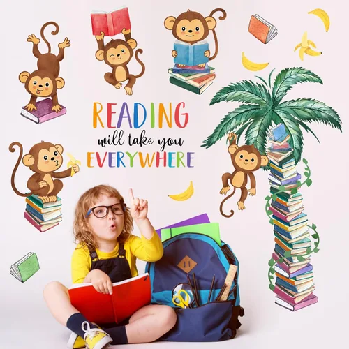 Vista 5 de Mfault Calcomanías de pared de libro de lectura de mono, la lectura te llevará a todas partes, decoración de aula de guardería, arte de dormitorio