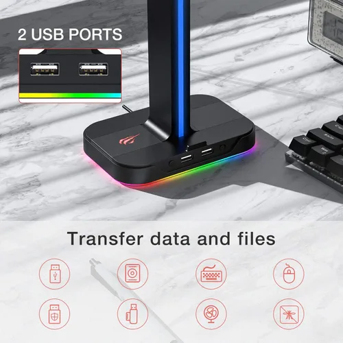 Vista 2 de havit Soporte de auriculares RGB para juegos de escritorio, base de doble gancho para auriculares con soporte para teléfono y 2 puertos USB
