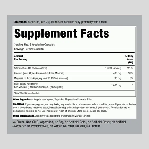 Vista 2 de Piping Rock Algas minerales rojas Calcio vegetariano 180 cápsulas A base de plantas más minerales traza Plus D3 1000 UI Suplemento sin