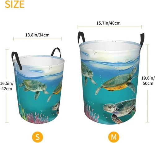 Vista 5 de Cesta circular con estampado de tortugas marinas y peces impermeable, cesta organizadora de lavandería, con asas, para ropa, juguetes, pequeña