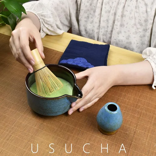 Vista 6 de Artcome Kit completo de ceremonia de matcha de 7 piezas para ceremonia de té, cuenco con boquilla de vertido, batidor, cuchara de té, colador