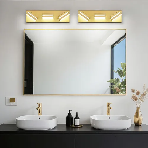 Vista 8 de Modernas luces LED pequeñas de baño, 3 luces, iluminación de pared acrílica dorada de metal, luces de tocador para baño sobre espejo de 6000 K de 16