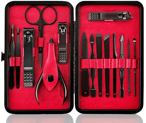 Vista 11 de Cortaúñas profesional de acero inoxidable, kit de viaje y aseo para uñas, herramientas de manicura y pedicura, juego de 18 piezas con estuche