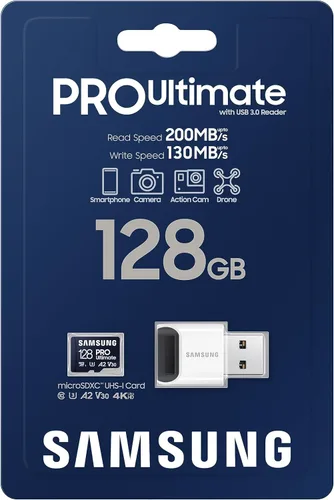 Vista 3 de Samsung PRO Ultimate - Tarjeta de memoria microSD y lector, 128 GB microSDXC, hasta 200 MB/s, 4K UHD, UHS-I, Clase 10, U3, V30, A2 para GoPRO Action