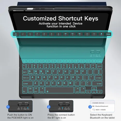 Vista 4 de Funda de teclado para Samsung Galaxy Tab A8 de 10.5 pulgadas 2022, 7 colores retroiluminados y teclado Bluetooth desmontable magnético, funda