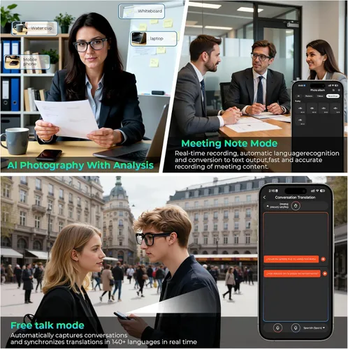 Vista 3 de Lentes inteligentes de traducción AI con cámara, 4K 800 W HD gafas de grabación de video con audio para hombres y mujeres con 155 idiomas y acentos
