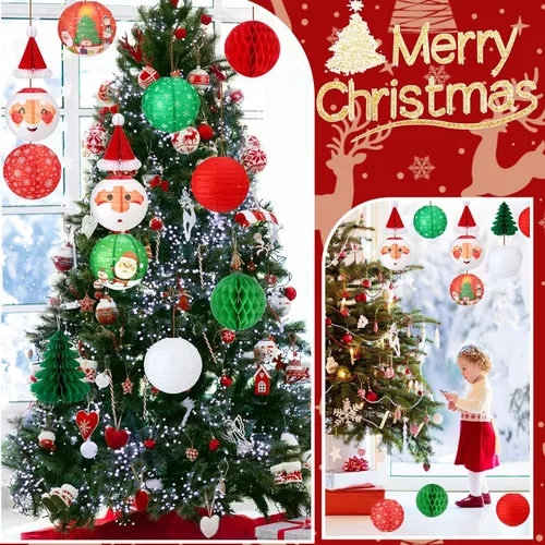 Vista 7 de Juego de 17 linternas de papel colgantes de Navidad 3D para Papá Noel, linterna de papel, sombrero de Papá Noel, árboles de Navidad, bolas de panal