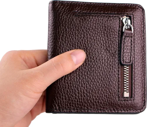 Vista 3 de Cartera pequeña de piel auténtica con bloqueo RFID para mujer, minitarjeta, Café, Cartera Rfid