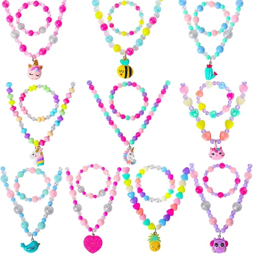 PinkSheep Juego de joyas de collar de cuentas y pulsera de cuentas para niños y niñas, 10 juegos de unicornio, gato, sirena, estrella de mar