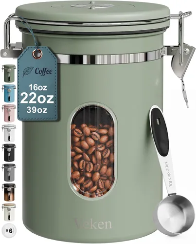 Vista 11 de Veken Recipiente de café con ventana, recipiente hermético de almacenamiento de alimentos de cocina de acero inoxidable con tapas, rastreador